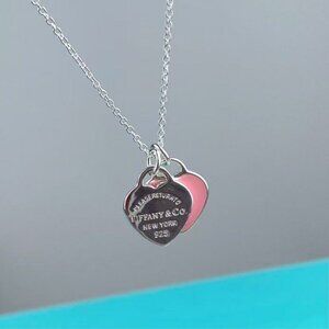 TIFFANY & Co. Return to Mini Double Pink Heart Enamel Pendant Necklace
